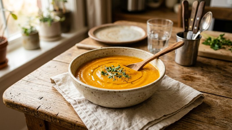 Un bol con puré de verduras fino y homogéneo listo para servir sobre la mesa de la cocina