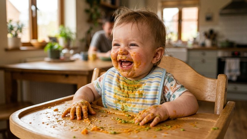 Un bebé riendo con la cara llena de puré de verduras y las manitas pringosas sobre la bandeja de su trona