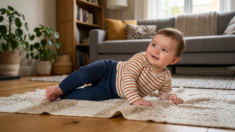 Un bebé de unos cinco meses vestido sobre una manta, empezando a girar el cuerpo hacia un lado, ambiente hogareño y acog
