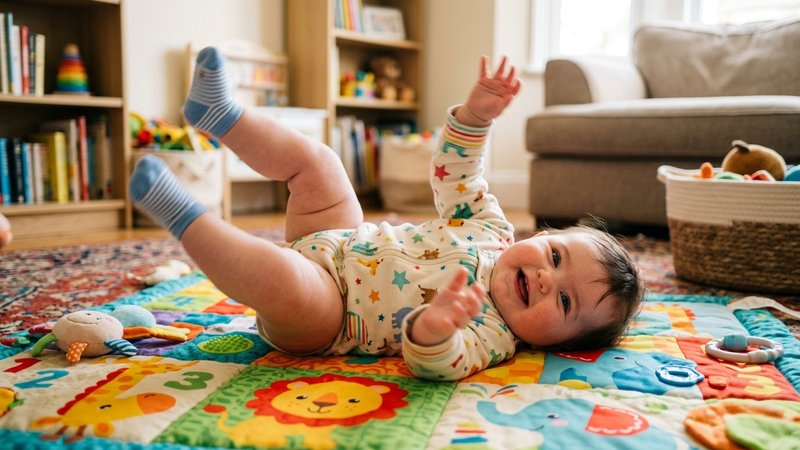 Un bebé rellenito y sonriente sobre una manta de juegos, moviendo los brazos y las piernas con energía