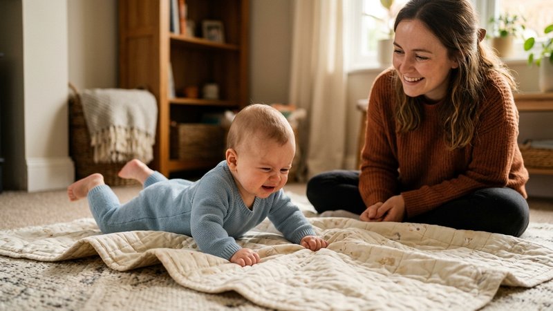 Un bebé esforzándose por girarse solo sobre una manta mientras un adulto le observa cerca con paciencia y una sonrisa