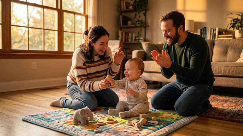Una madre y un padre en el suelo del salón jugando y animando a su bebé sobre la manta de juegos, luz cálida de atardece